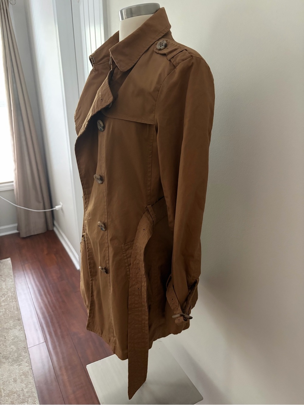 Stile Benetton Vintage Camel Double-Breasted Belted Trench Coat L Dark Academia - Picture 15 of 15